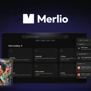 Merlio logo on a dark gradient background above a collage of UI panels and a colorful artwork in the foreground.